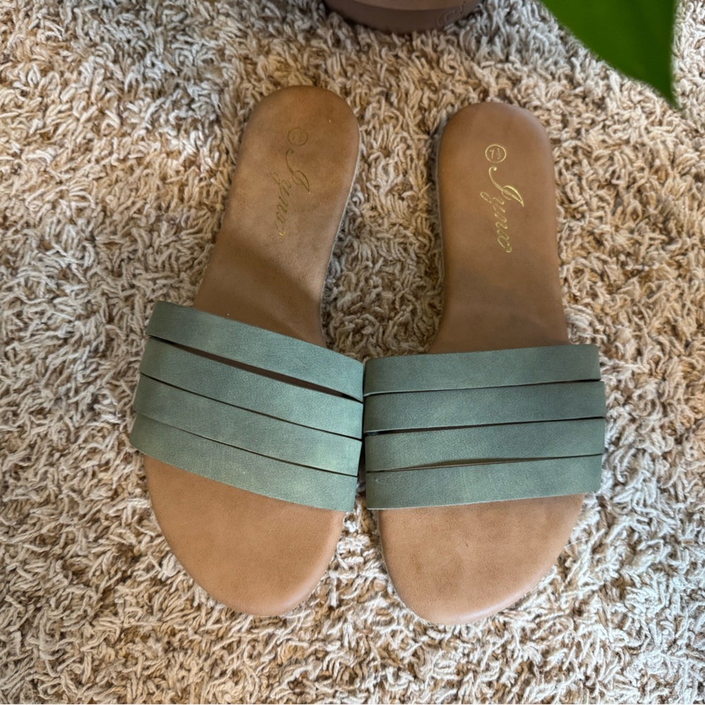 Green Leather Slide Sandals
